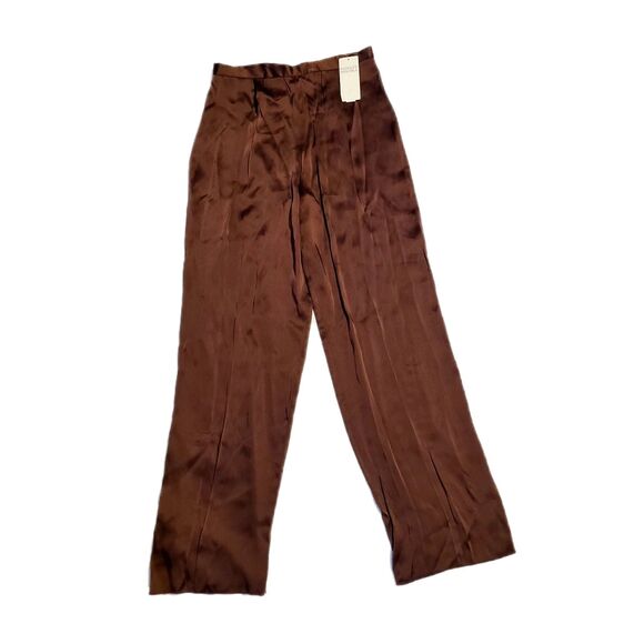 Badgley Mischka NWT $500 Copper Brown Hi-Rise Wide Leg Long Silk Pants, Size 14 - Picture 2 of 8